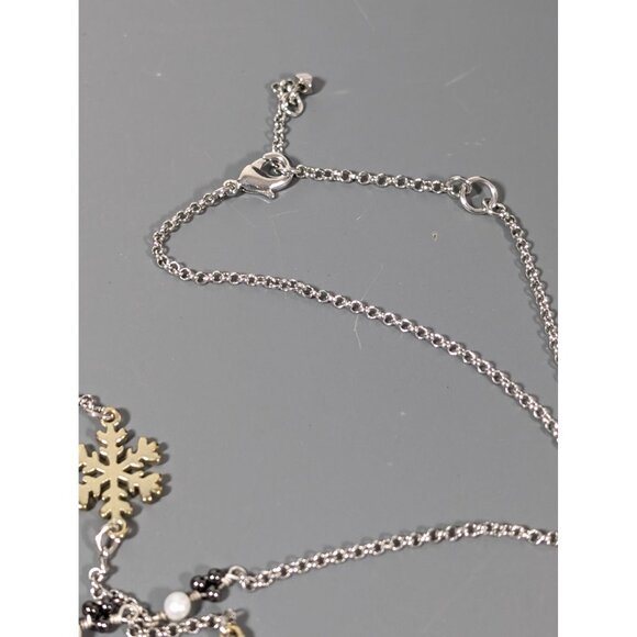 Gray Rhinestone Two Tone Snowflake Station Chain Necklace Pearl Christmas Holida - Picture 6 of 8
